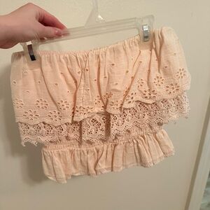 Peach Lace Ruffle Strapless Crop Top